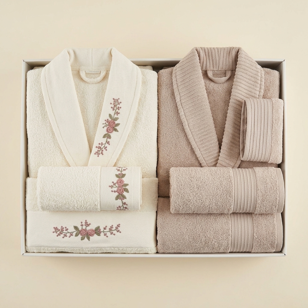 Coffret de Bain Familial 6 Pièces - 2 Peignoirs et 4 Serviettes Brodés