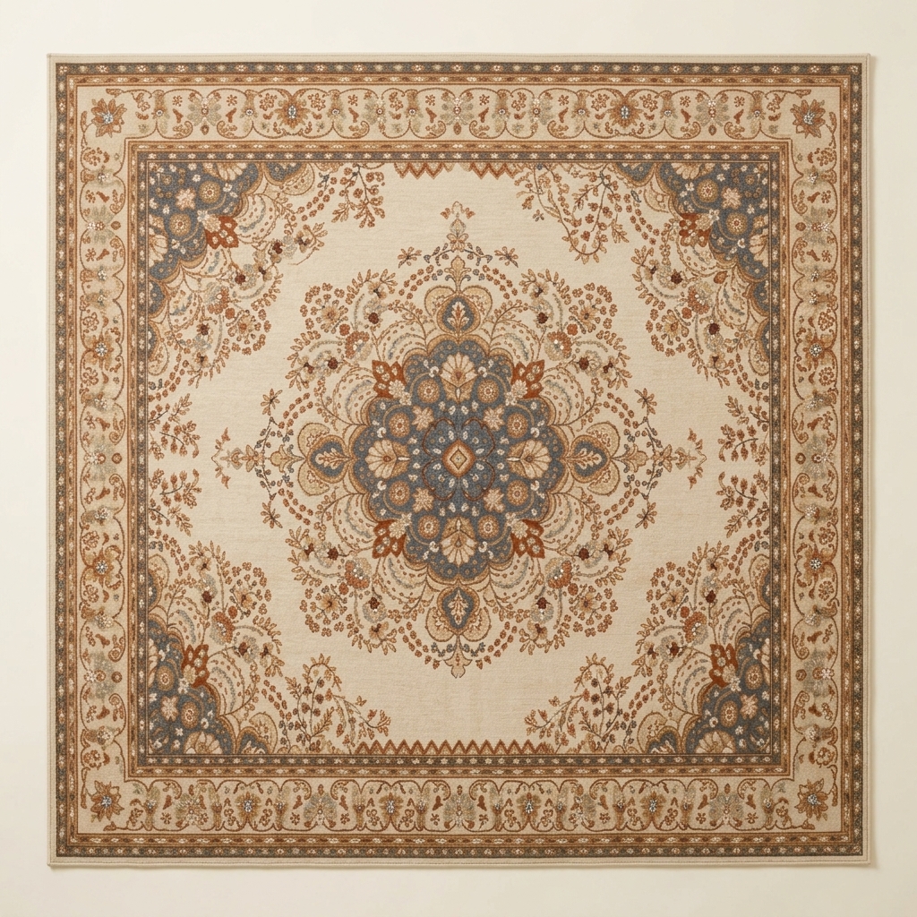 Tapis de Salon Classique à Médaillon Oriental - Beige et Terracotta