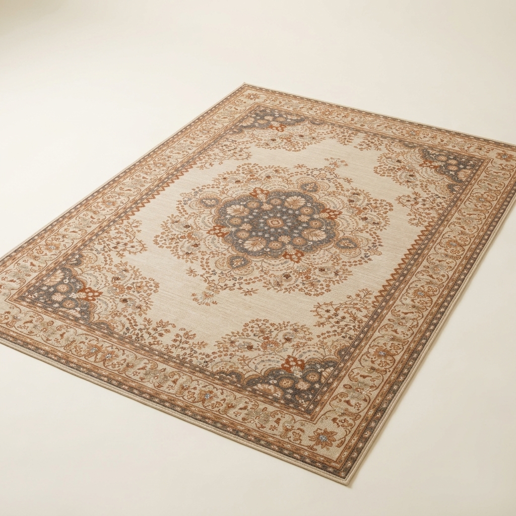 Tapis de Salon Classique à Médaillon Oriental - Beige et Terracotta