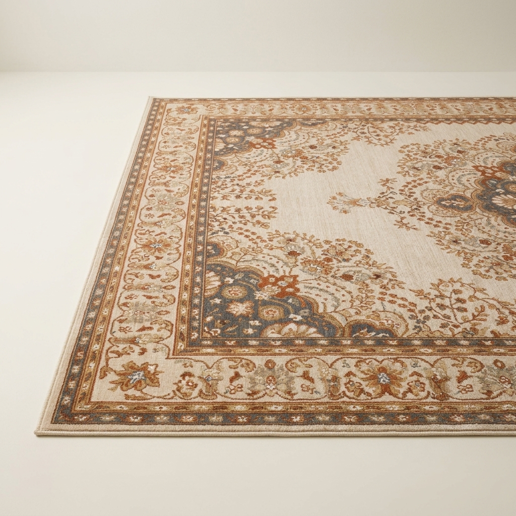 Tapis de Salon Classique à Médaillon Oriental - Beige et Terracotta