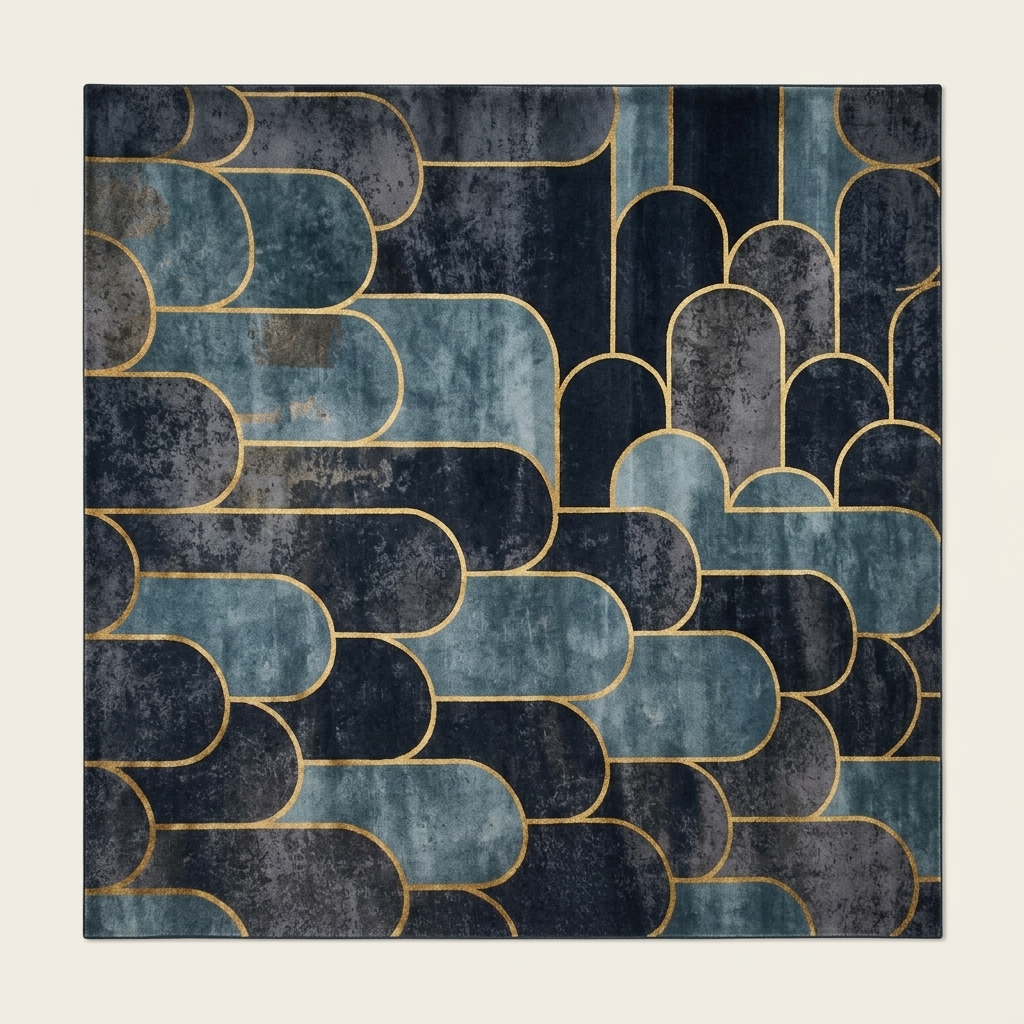 Tapis de Salon Moderne aux Motifs Géométriques Arches - Bleu et Doré