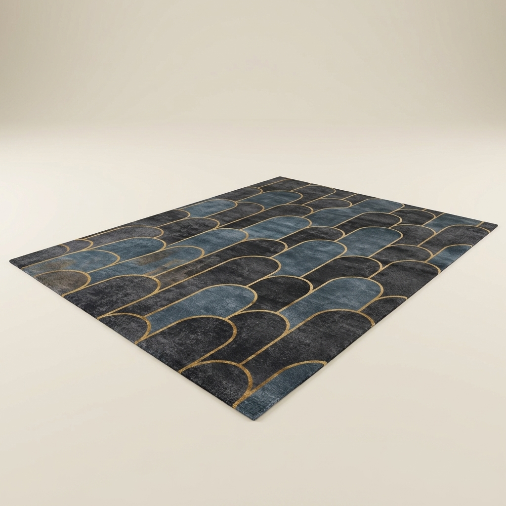 Tapis de Salon Moderne aux Motifs Géométriques Arches - Bleu et Doré