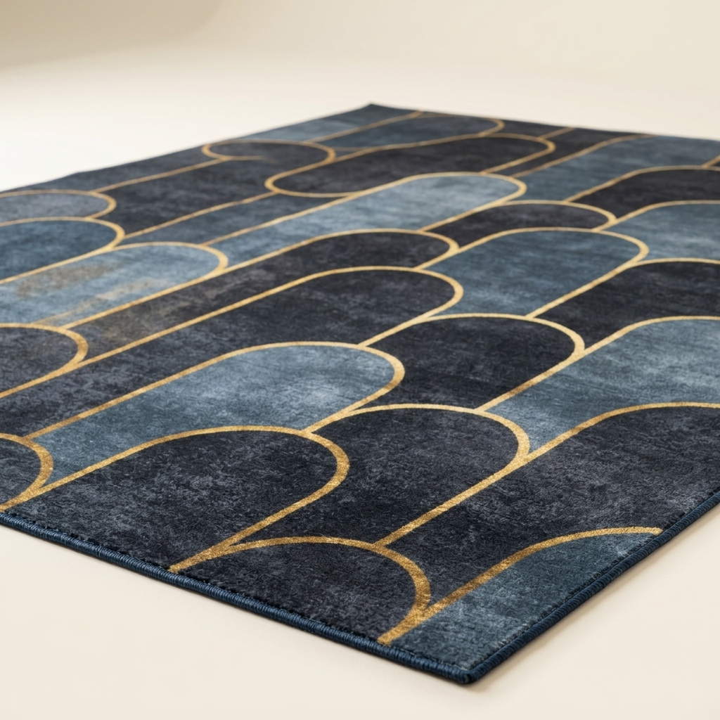 Tapis de Salon Moderne aux Motifs Géométriques Arches - Bleu et Doré