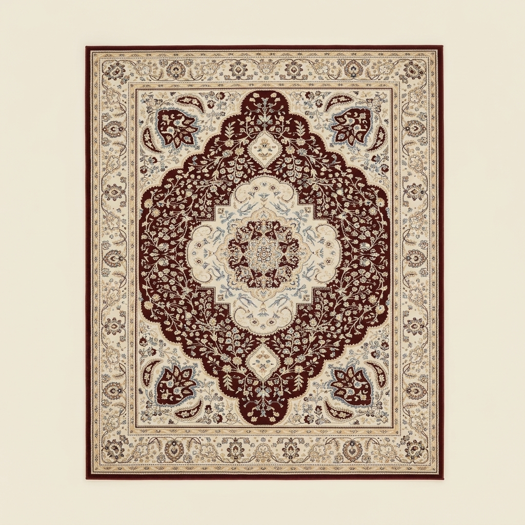 Tapis de Salon Classique à Motifs Orientaux - Bordeaux et Crème