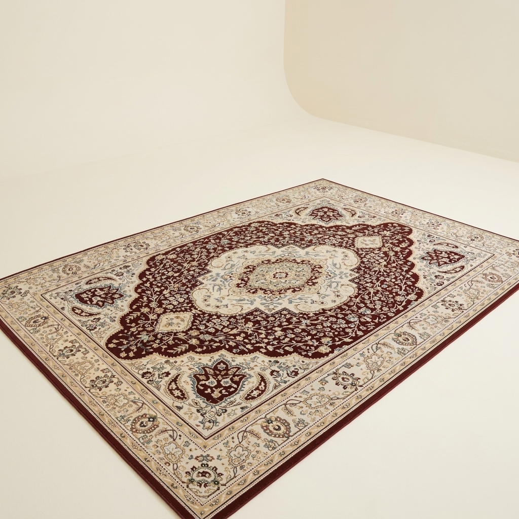 Tapis de Salon Classique à Motifs Orientaux - Bordeaux et Crème