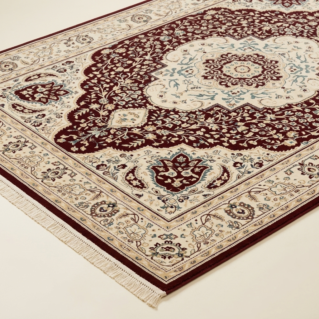 Tapis de Salon Classique à Motifs Orientaux - Bordeaux et Crème
