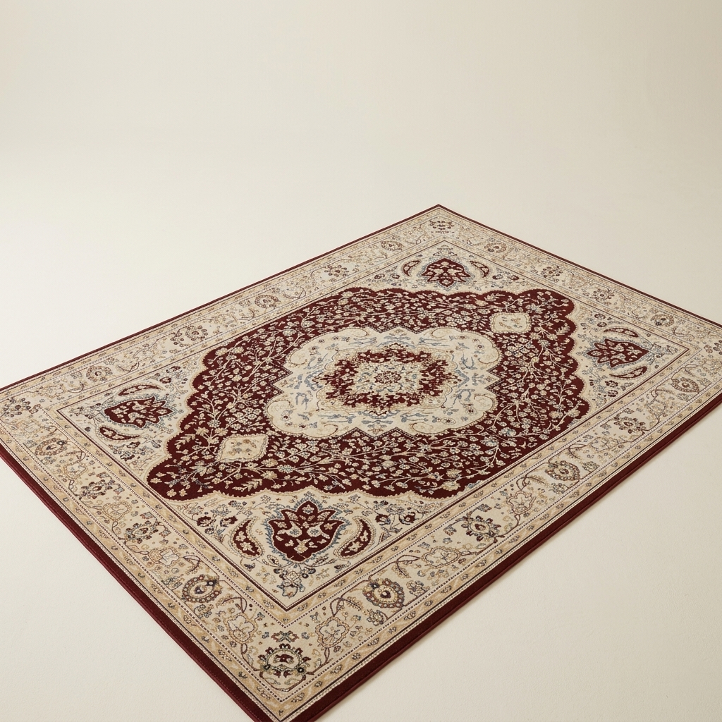 Tapis de Salon Classique à Motifs Orientaux - Bordeaux et Crème