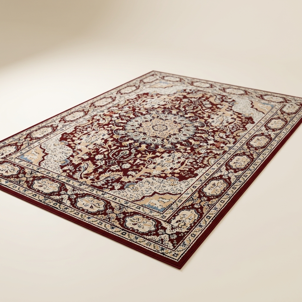 Tapis de Salon Classique à Motifs Orientaux - Rouge Bordeaux et Crème