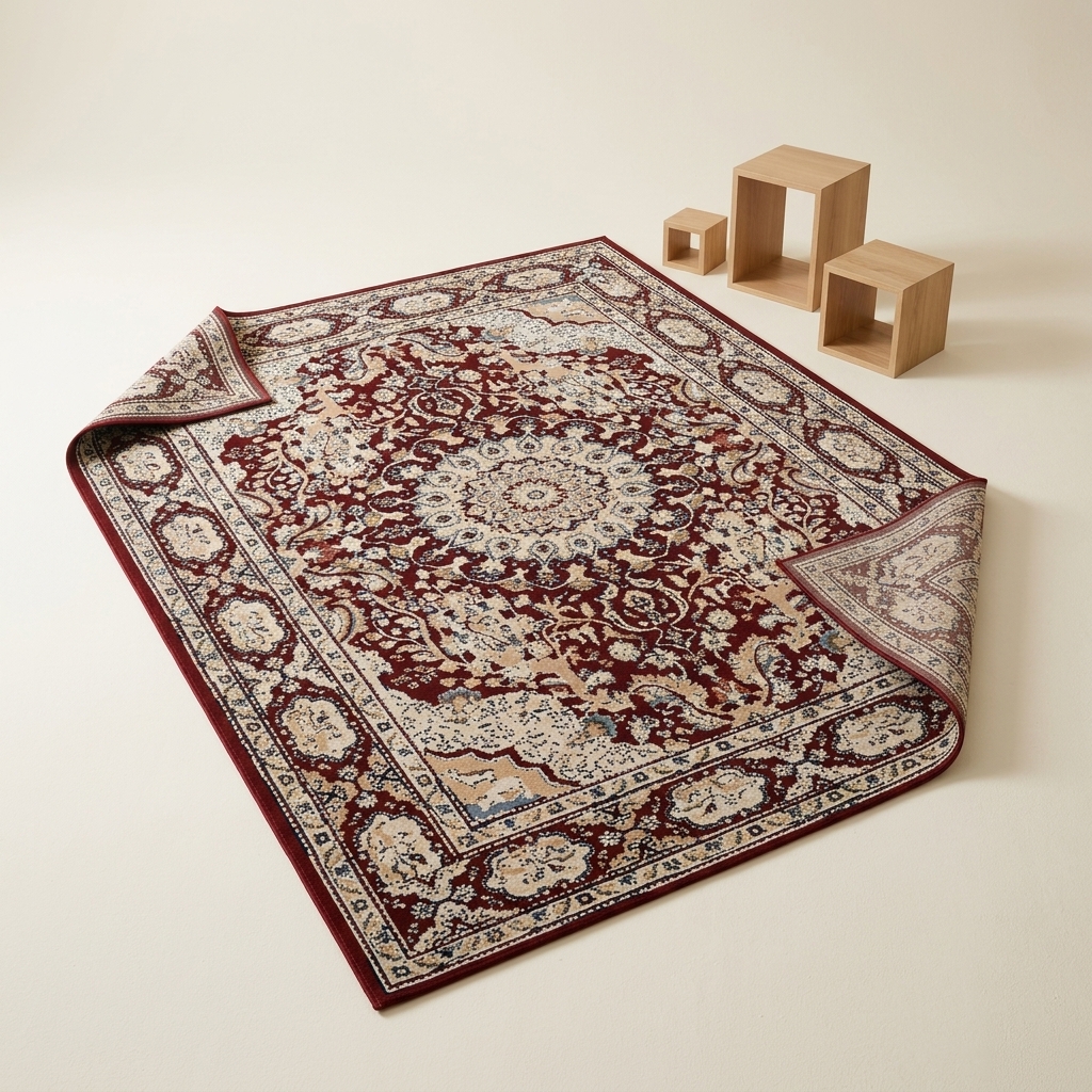 Tapis de Salon Classique à Motifs Orientaux - Rouge Bordeaux et Crème