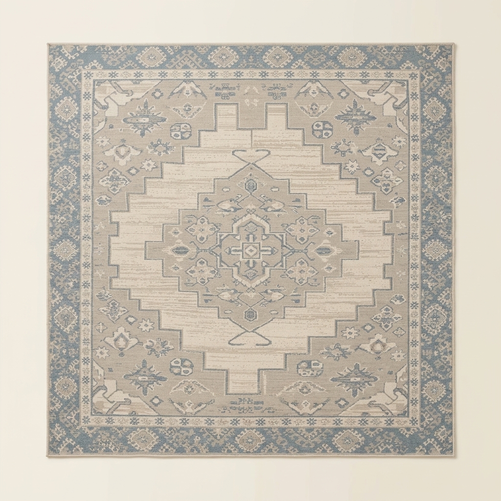 Tapis de Salon aux Motifs Traditionnels Vintage - Beige et Bleu