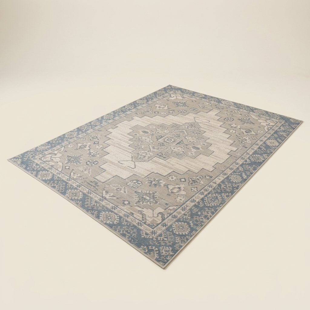 Tapis de Salon aux Motifs Traditionnels Vintage - Beige et Bleu