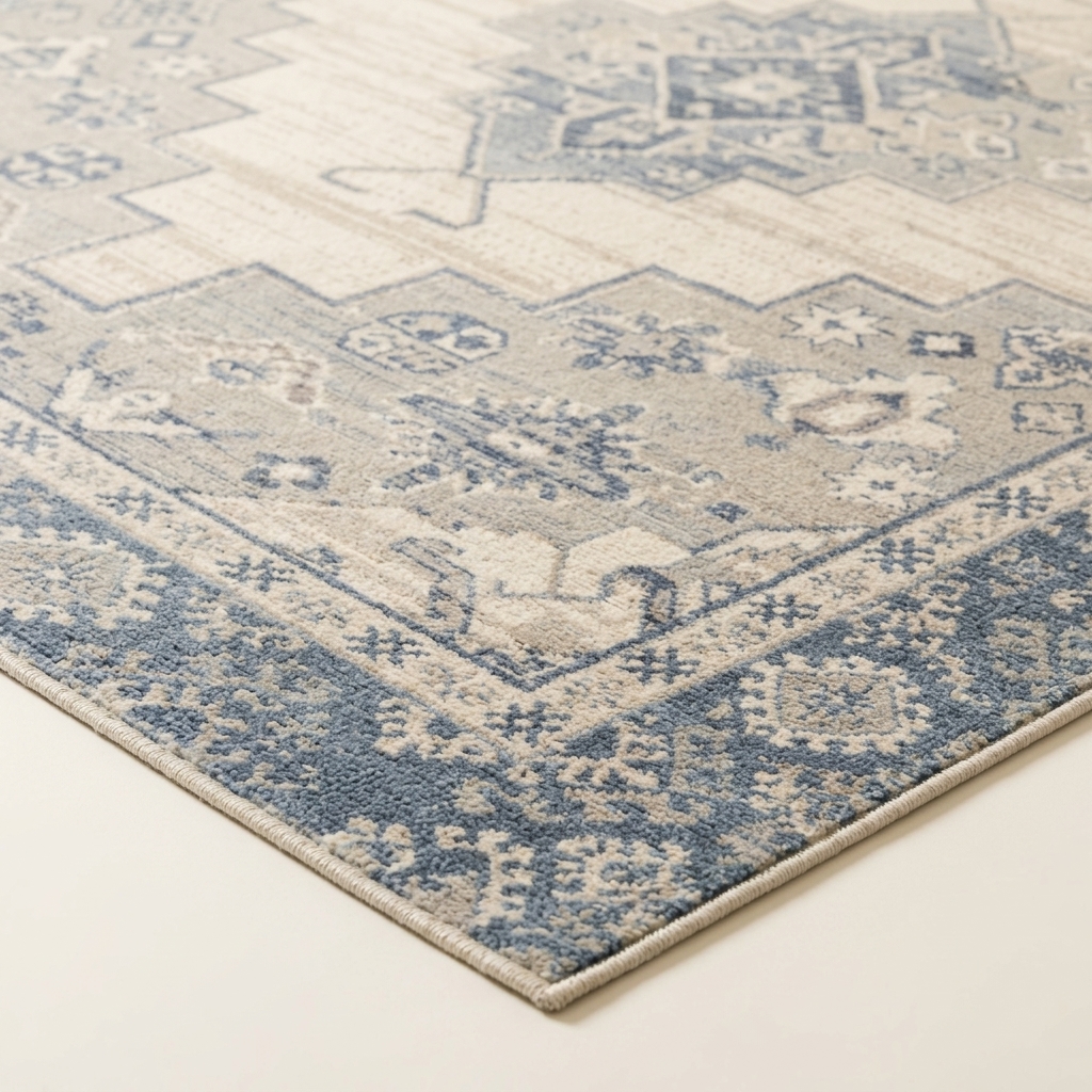 Tapis de Salon aux Motifs Traditionnels Vintage - Beige et Bleu