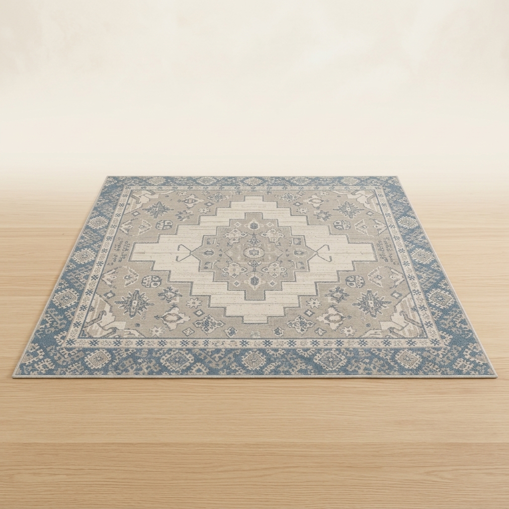 Tapis de Salon aux Motifs Traditionnels Vintage - Beige et Bleu