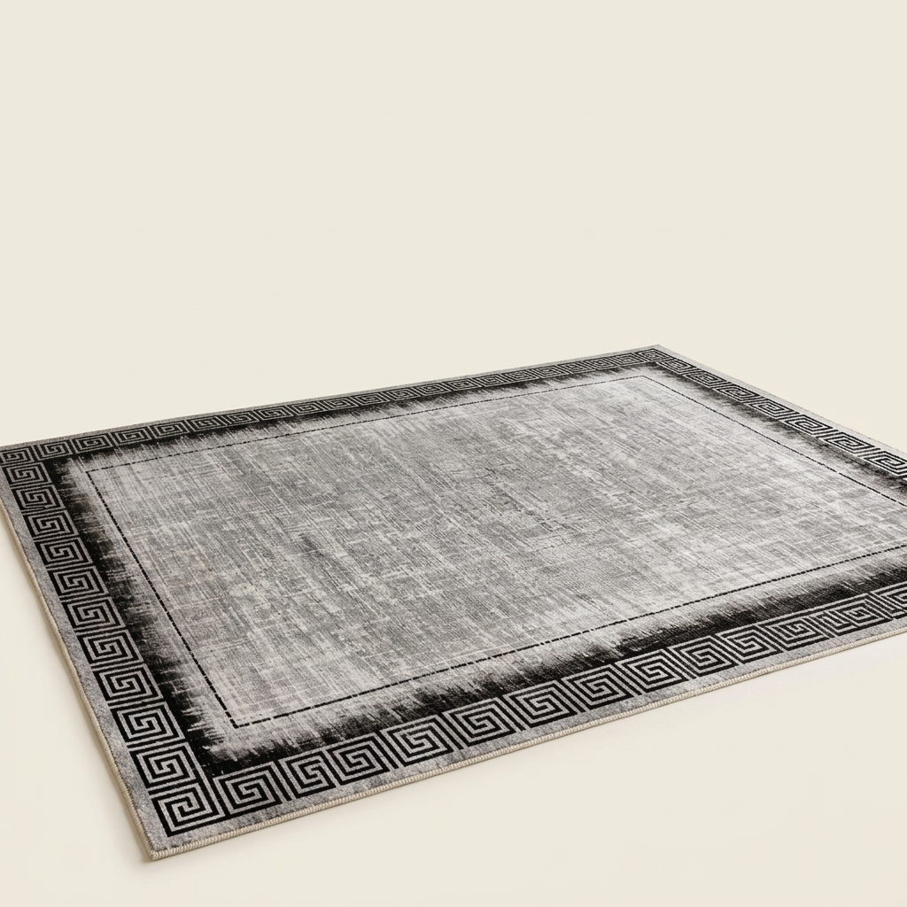 Tapis de Salon Moderne à Motif Grec Méandre - Gris et Noir