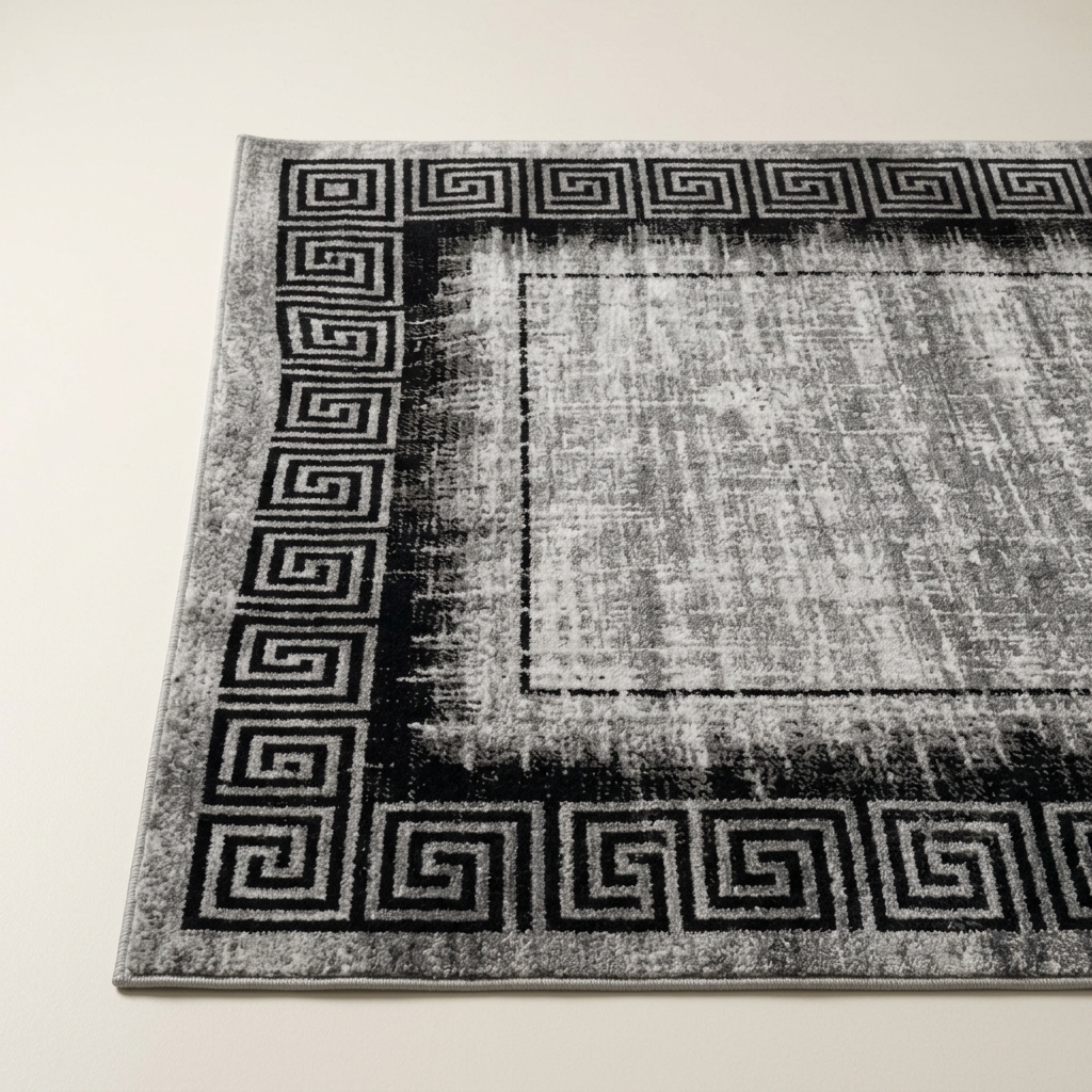 Tapis de Salon Moderne à Motif Grec Méandre - Gris et Noir