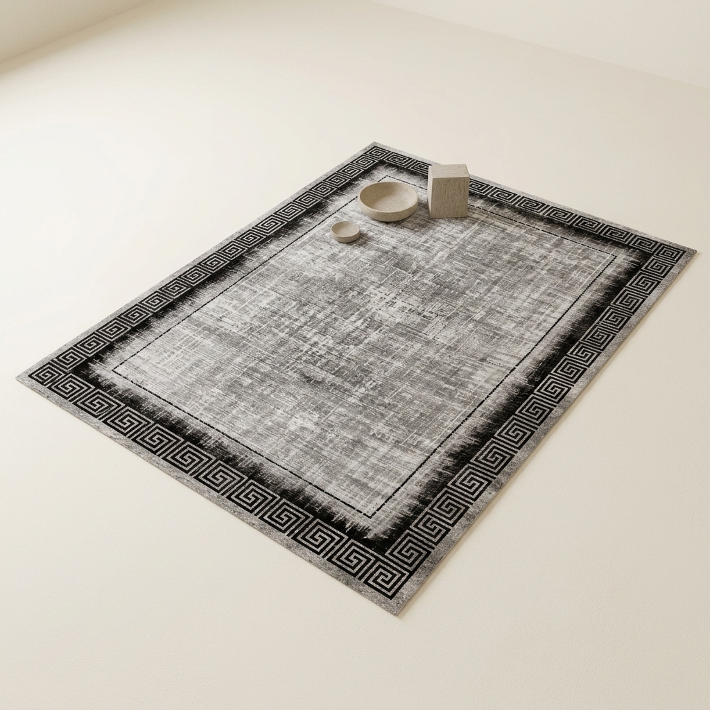 Tapis de Salon Moderne à Motif Grec Méandre - Gris et Noir