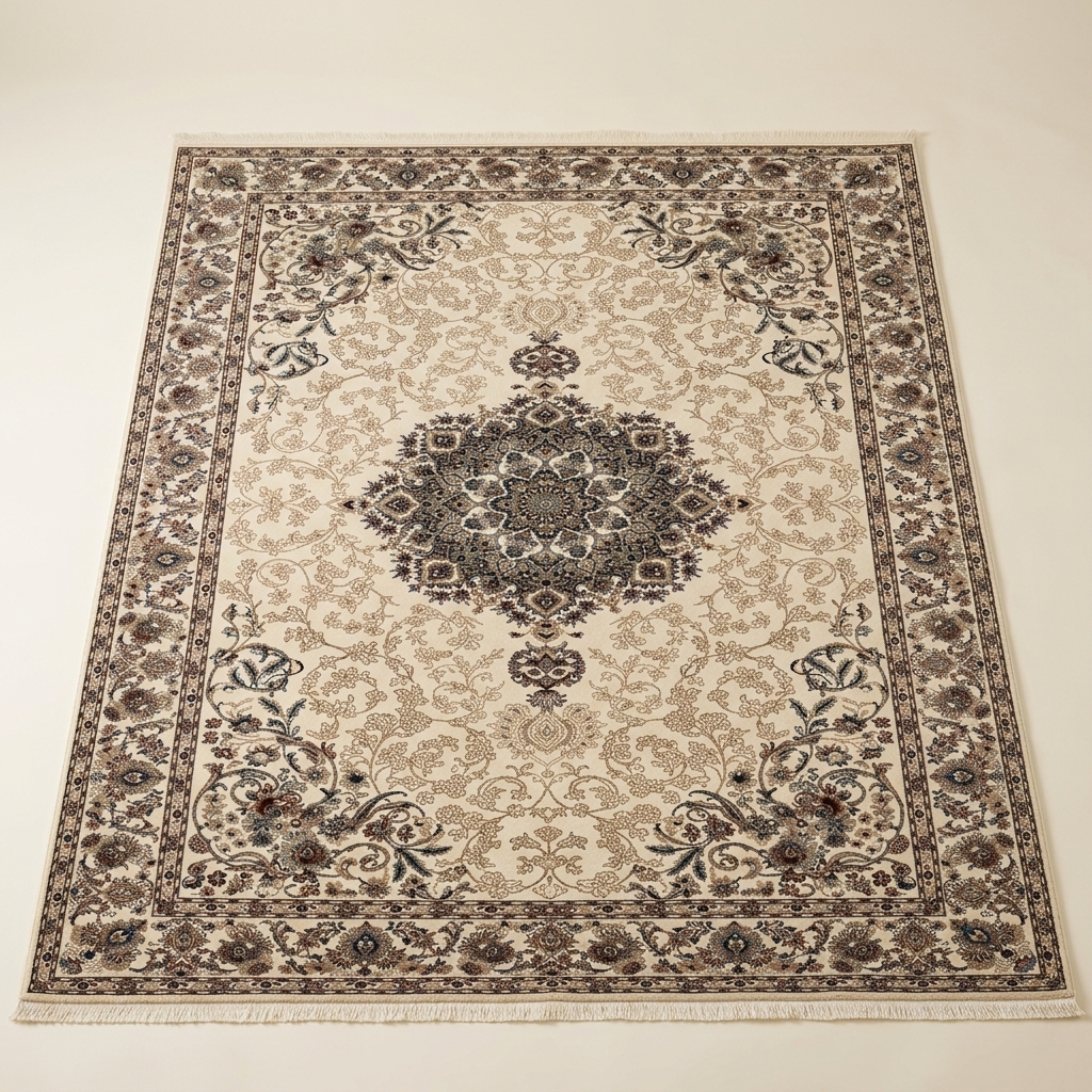 Tapis de Salon Classique à Médaillon Oriental Beige