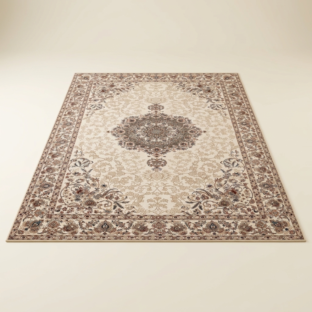 Tapis de Salon Classique à Médaillon Oriental Beige