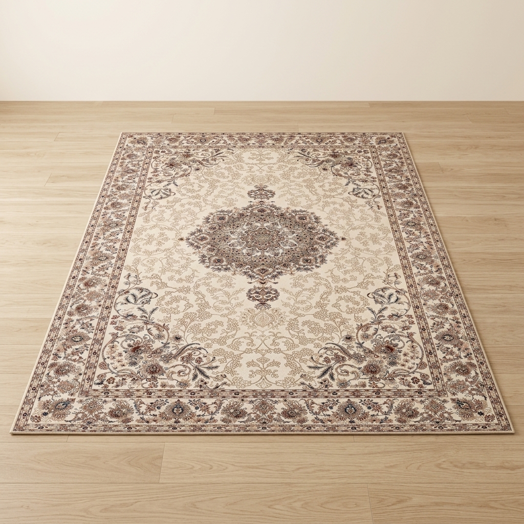 Tapis de Salon Classique à Médaillon Oriental Beige