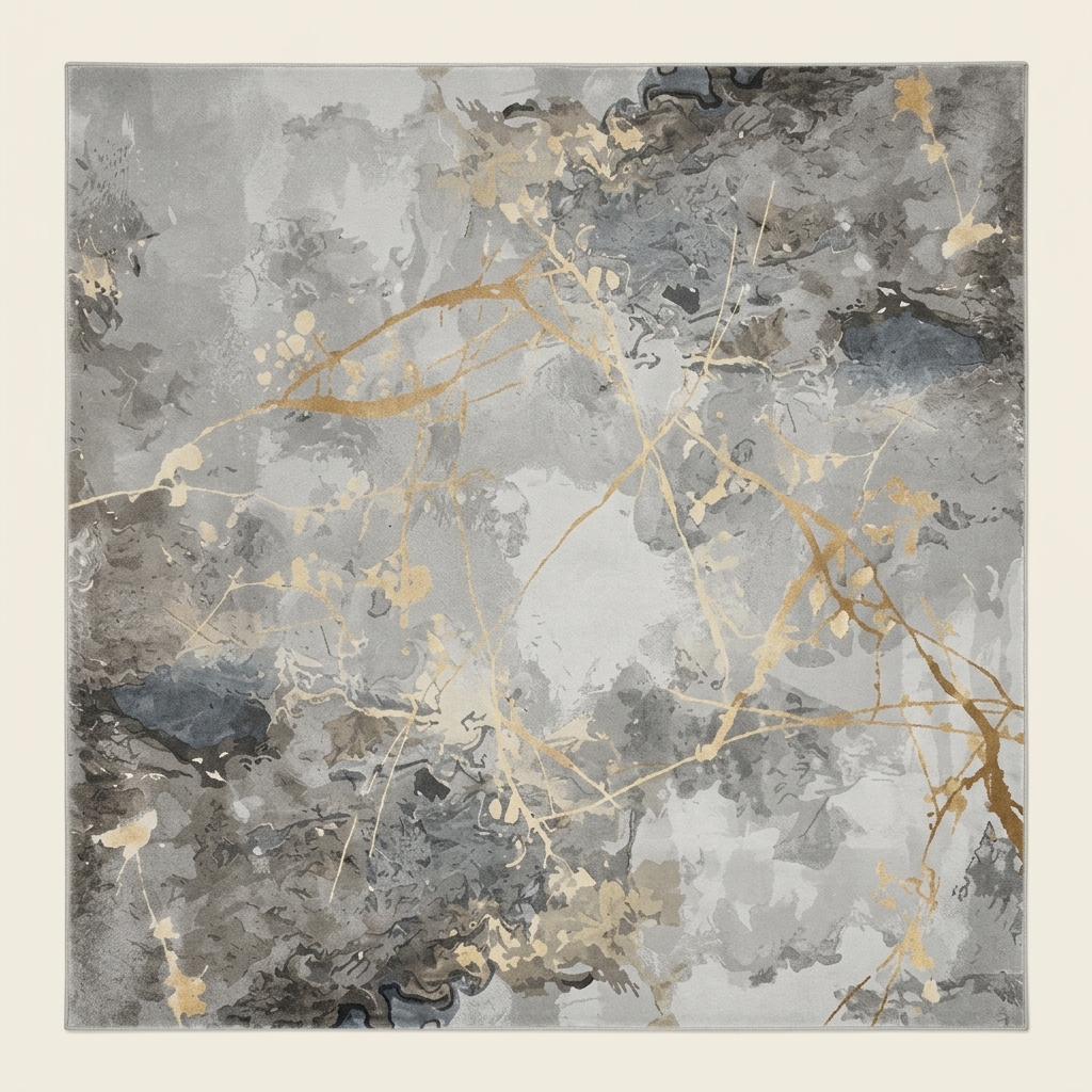 Tapis de Salon Moderne Effet Marbre Abstrait Gris et Doré
