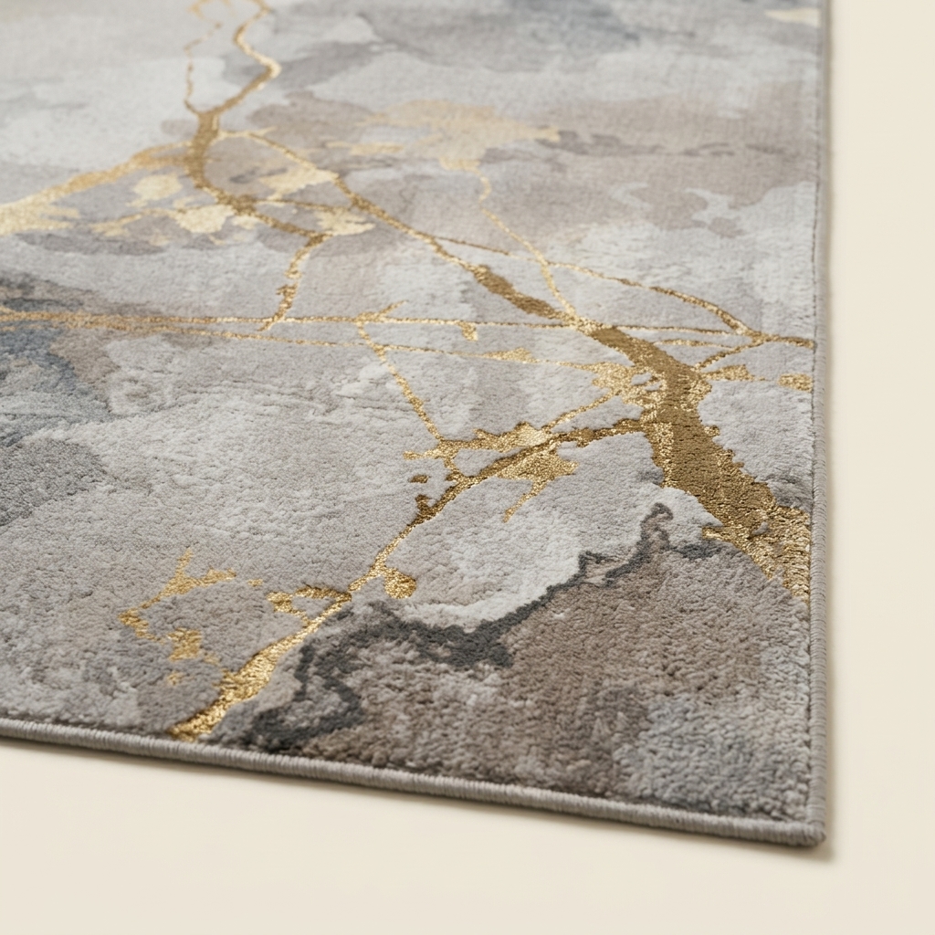 Tapis de Salon Moderne Effet Marbre Abstrait Gris et Doré