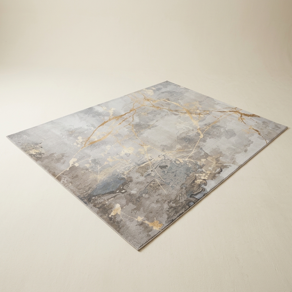 Tapis de Salon Moderne Effet Marbre Abstrait Gris et Doré