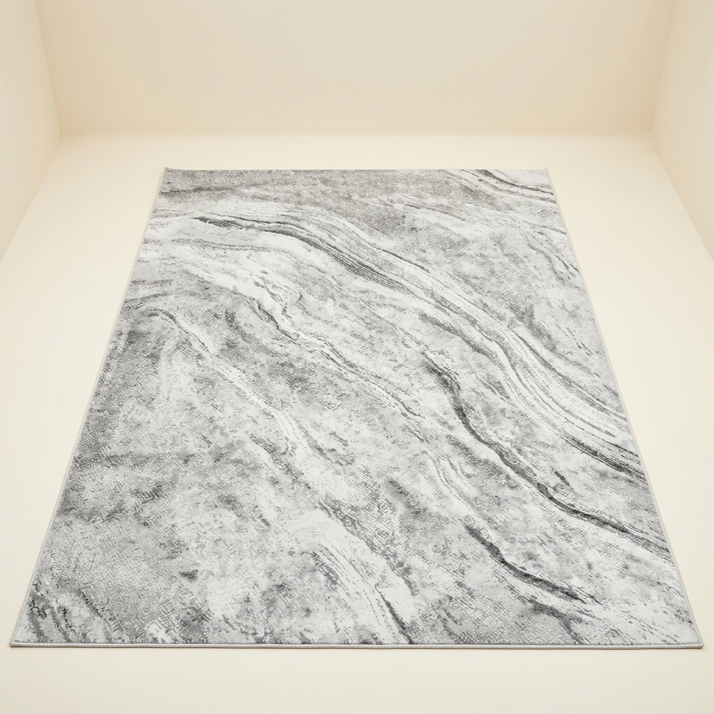 Tapis de salon moderne effet marbré gris et blanc