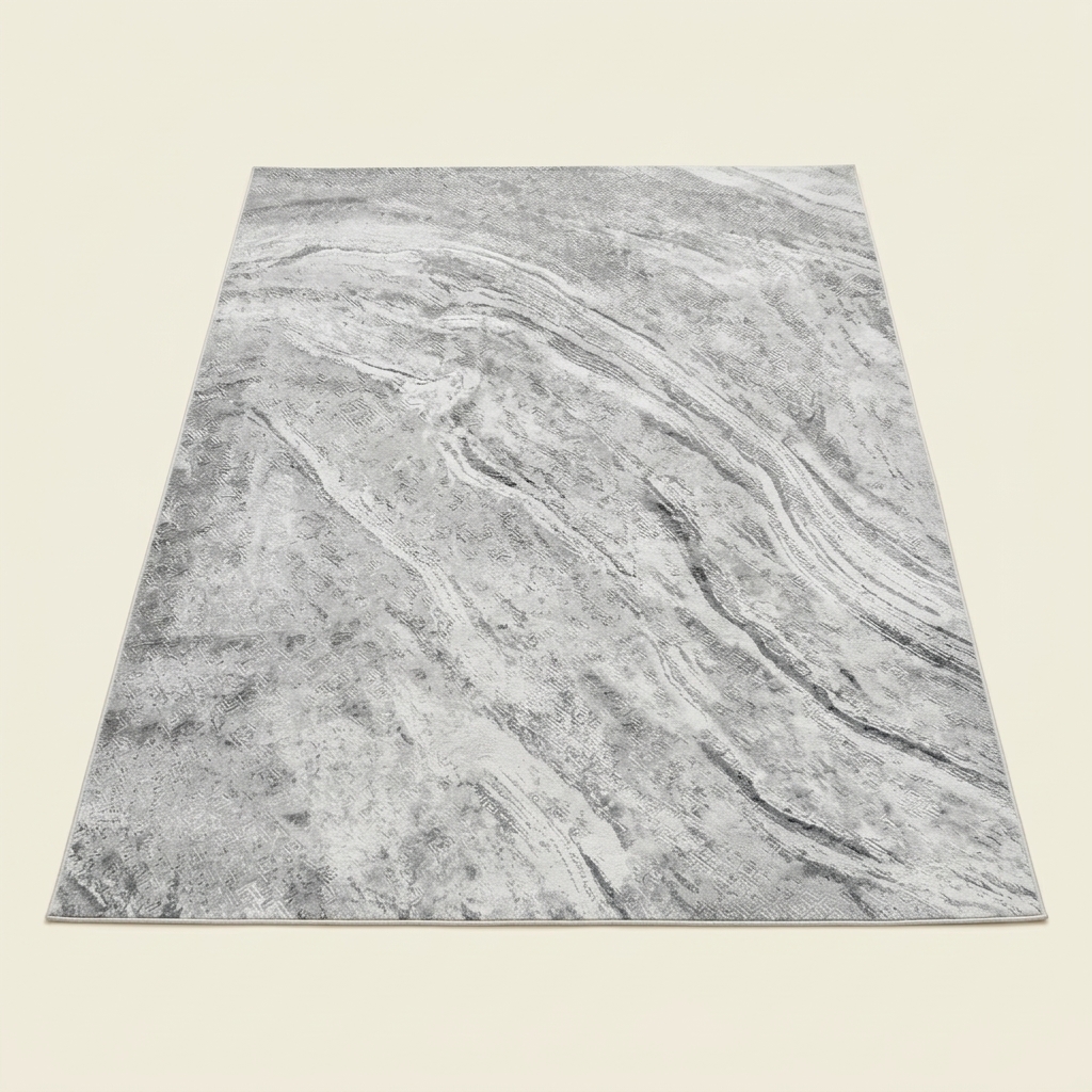 Tapis de salon moderne effet marbré gris et blanc