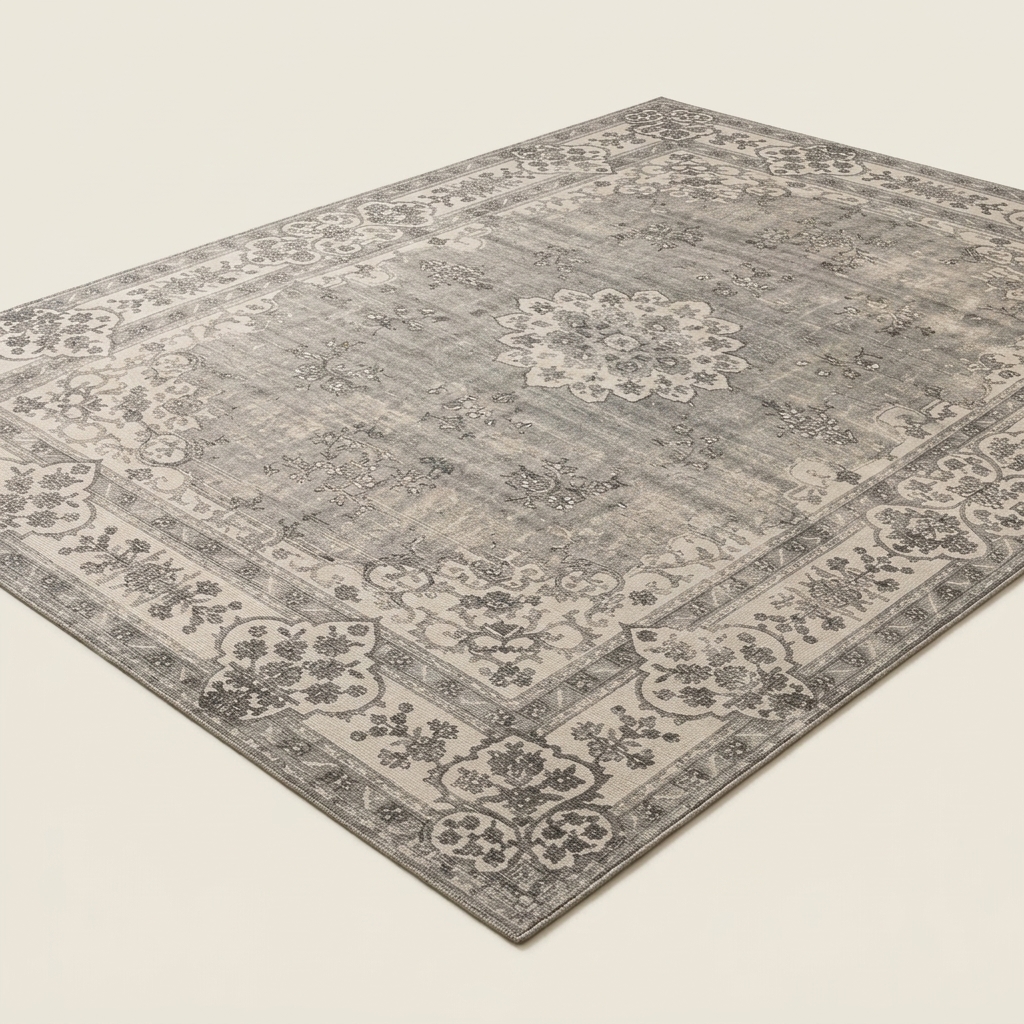 Tapis de Salon Vintage à Motifs Orientaux Gris et Beige