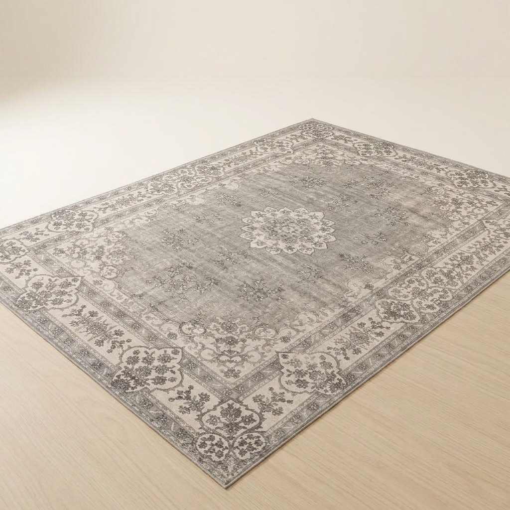 Tapis de Salon Vintage à Motifs Orientaux Gris et Beige