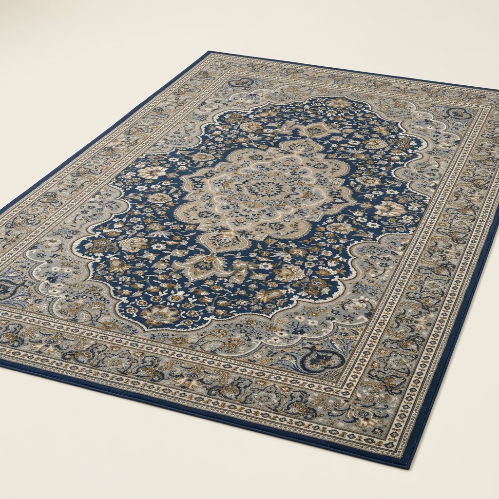 Tapis de Salon Classique Motif Oriental Bleu et Beige