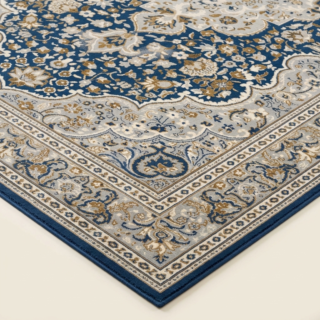 Tapis de Salon Classique Motif Oriental Bleu et Beige