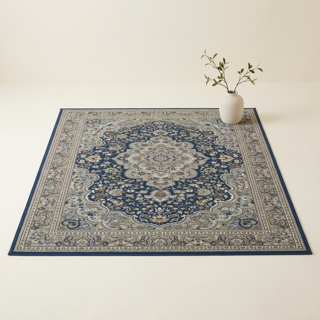 Tapis de Salon Classique Motif Oriental Bleu et Beige