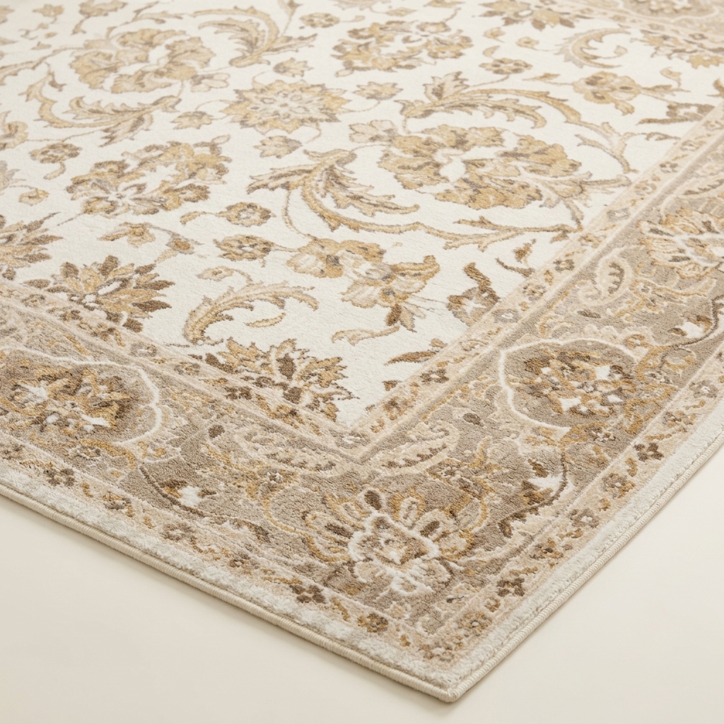 Tapis de Salon Classique à Motifs Orientaux Beige et Crème