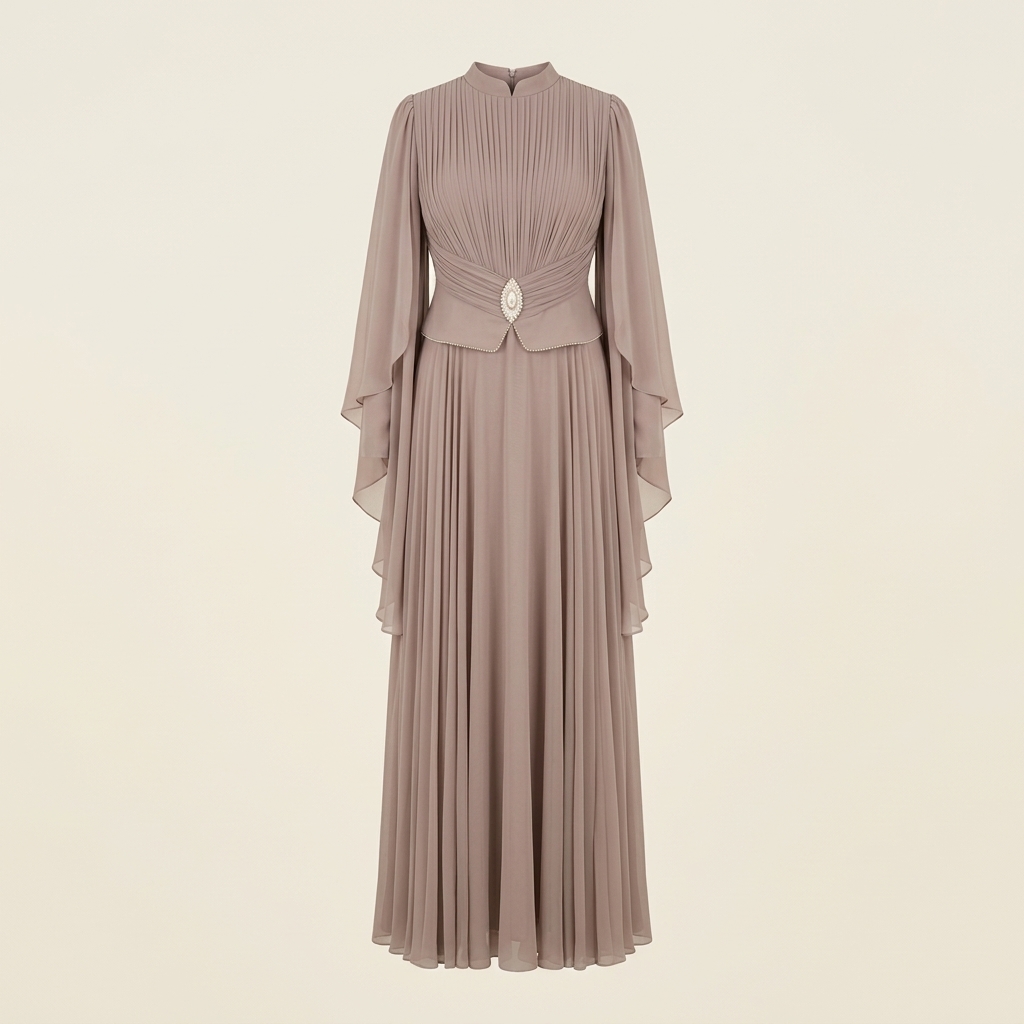 Robe de Soirée Longue Plissée avec Cape et Broche - Beige 