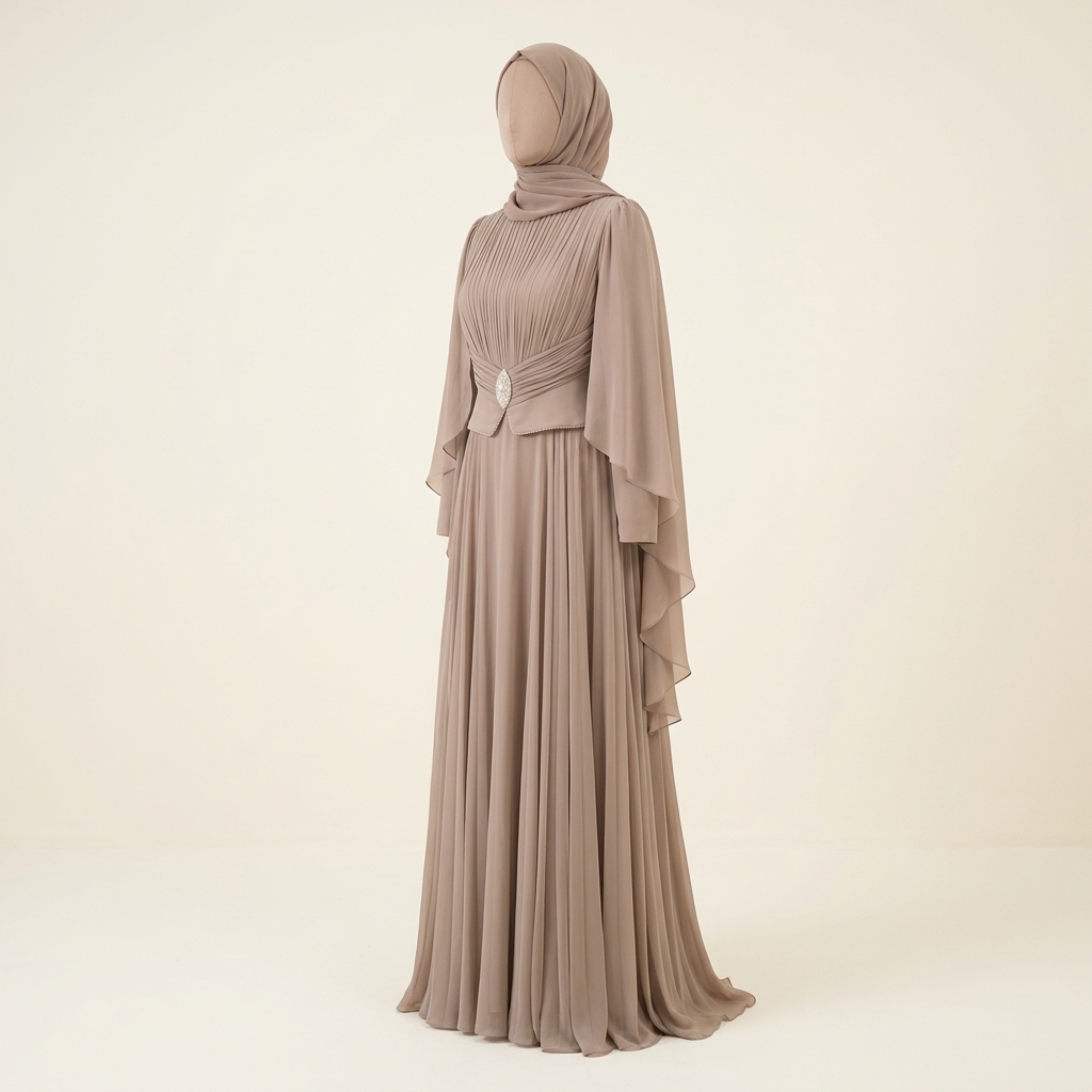 Robe de Soirée Longue Plissée avec Cape et Broche - Beige 