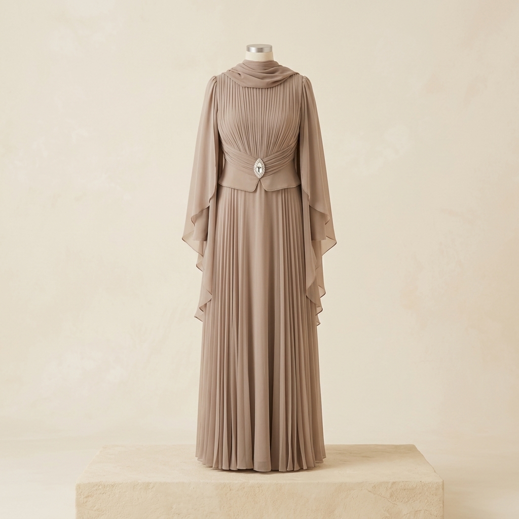 Robe de Soirée Longue Plissée avec Cape et Broche - Beige 