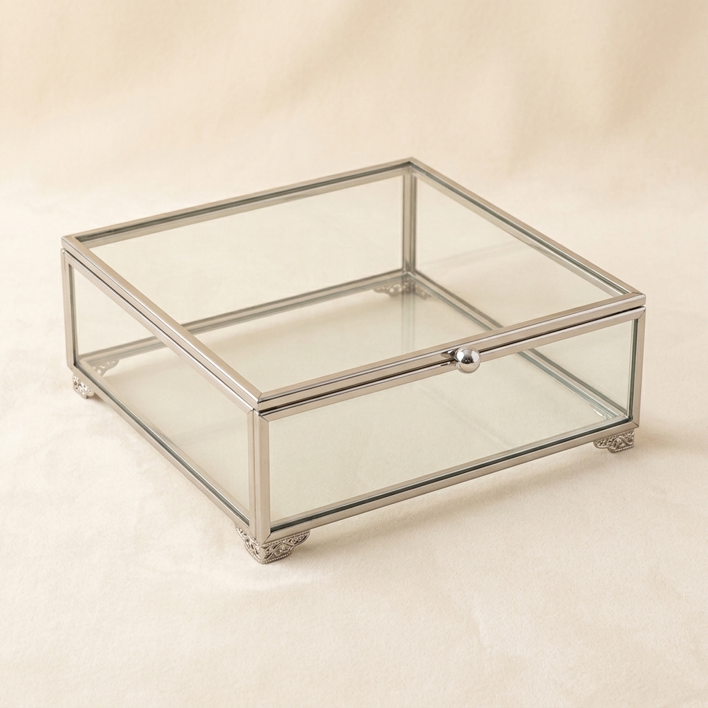 Boîte de Présentation en Verre et Métal Argenté pour Fiançailles et Mariage 20x30 cm
