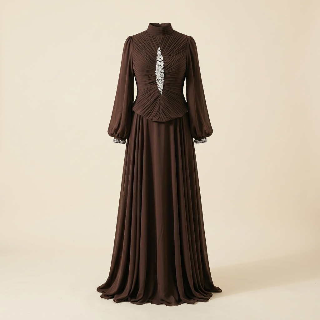 Robe de Soirée Longue Marron à Corsage Plissé et Strass
