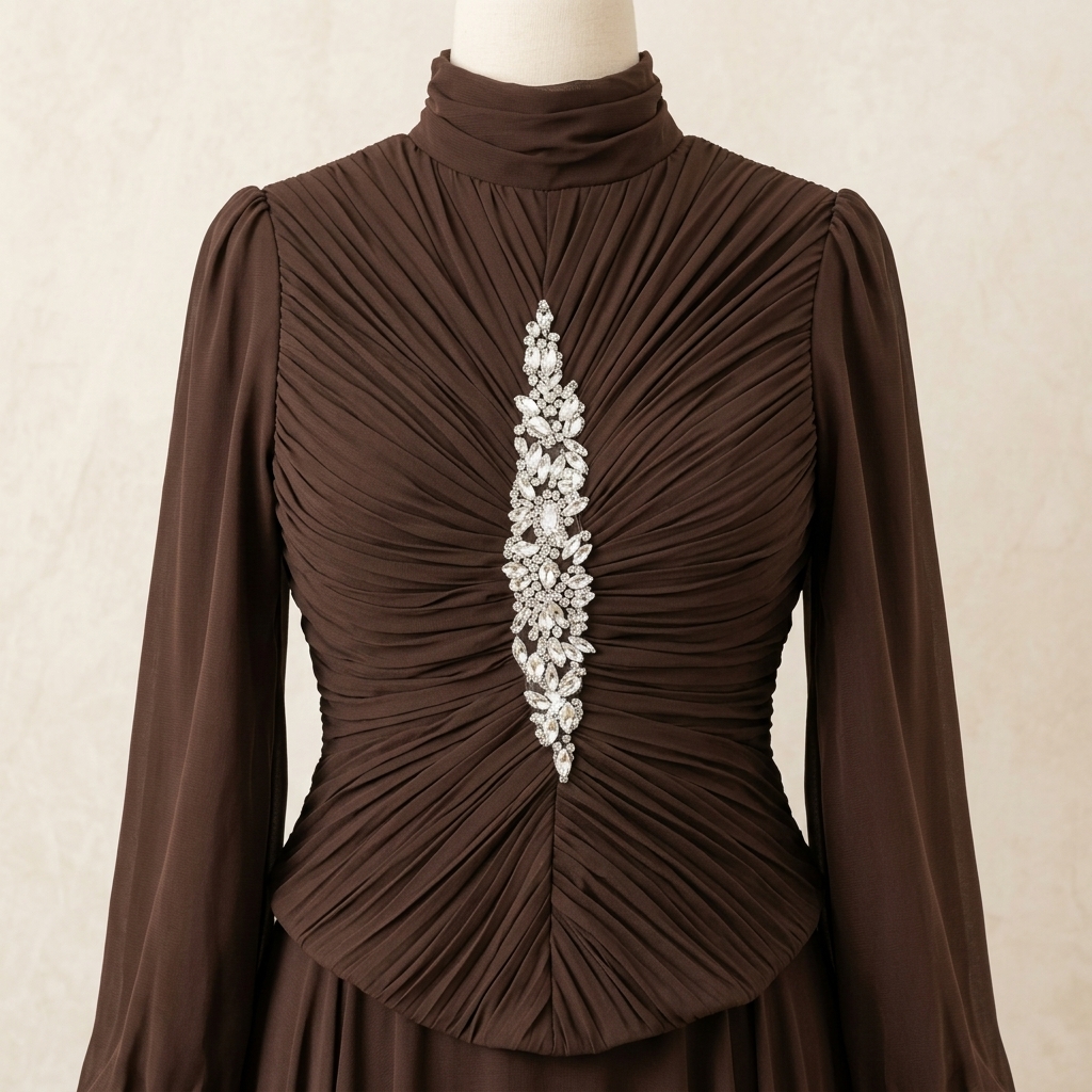 Robe de Soirée Longue Marron à Corsage Plissé et Strass