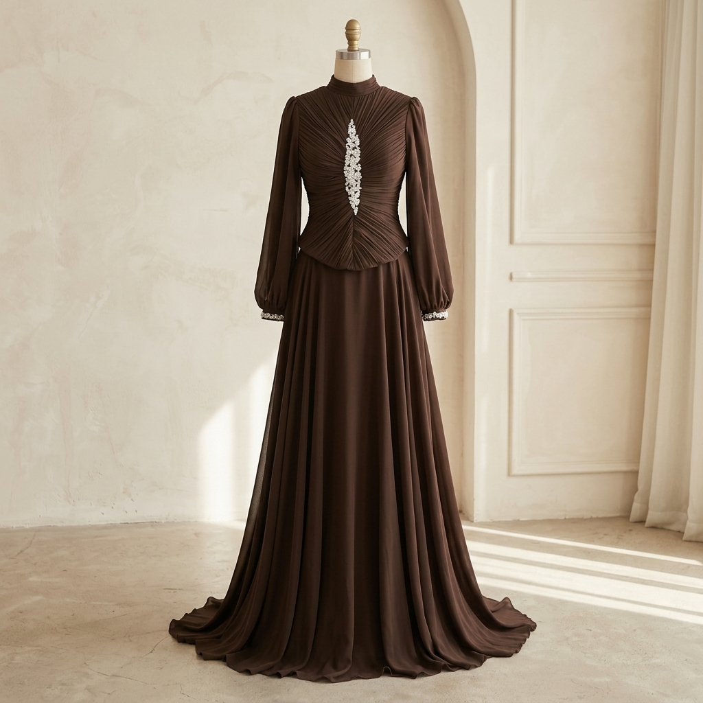 Robe de Soirée Longue Marron à Corsage Plissé et Strass