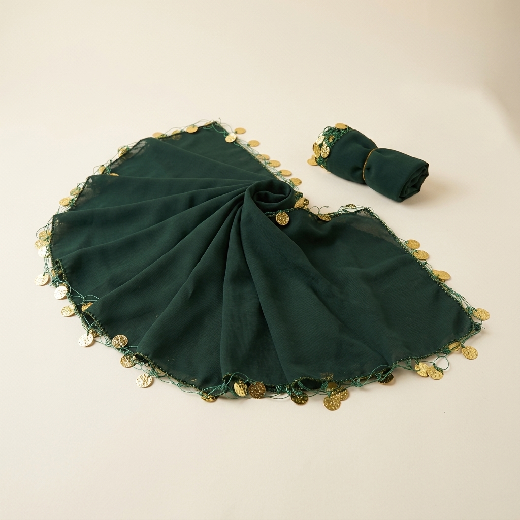 Foulard Traditionnel de Henné et Danse Vert à Piécettes Dorées