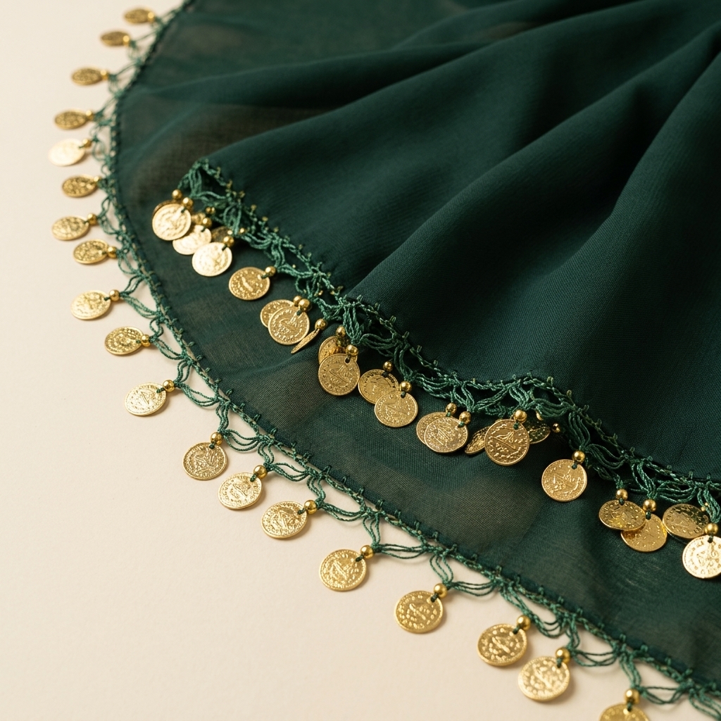 Foulard Traditionnel de Henné et Danse Vert à Piécettes Dorées