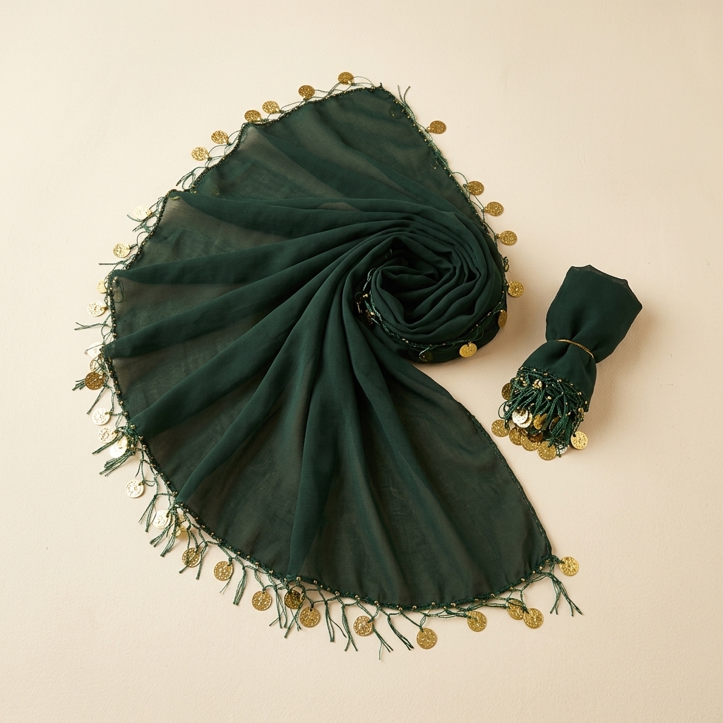 Foulard Traditionnel de Henné et Danse Vert à Piécettes Dorées