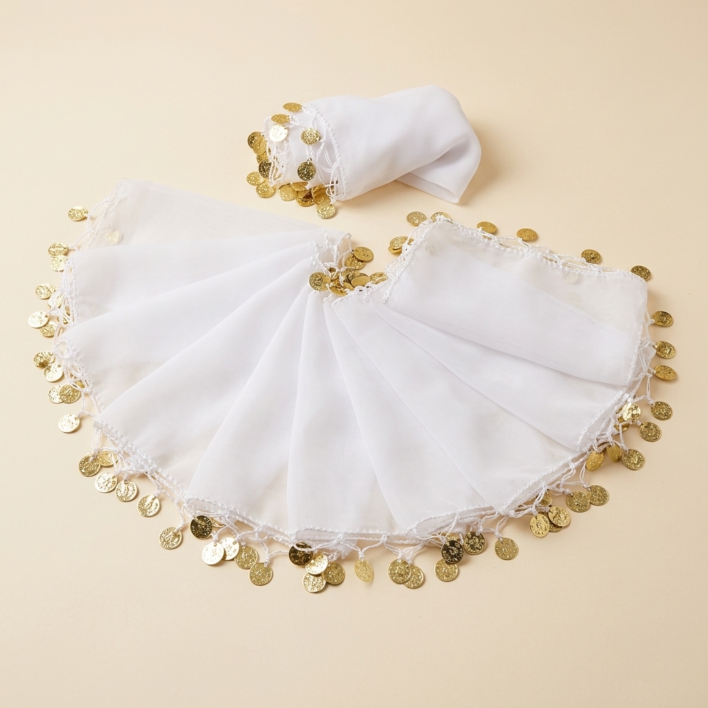 Lot de 10 Mouchoirs de Danse pour Henné et Mariage avec Pièces Dorées - Blanc