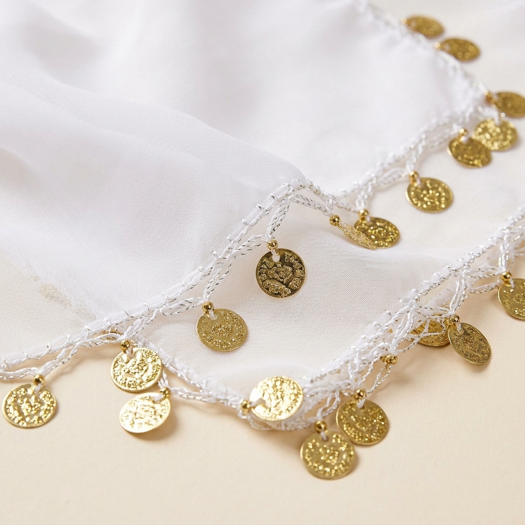 Lot de 10 Mouchoirs de Danse pour Henné et Mariage avec Pièces Dorées - Blanc