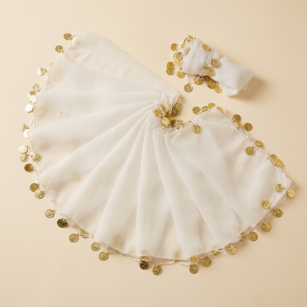 Lot de 10 Mouchoirs de Danse pour Henné et Mariage avec Pièces Dorées - Blanc