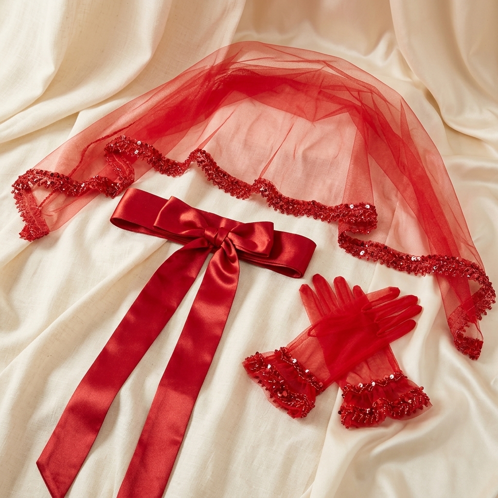 Parure de Henné Rouge 3 Pièces - Voile, Ceinture et Gants