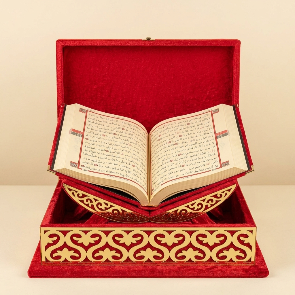 Coffret Boîte à Coran en Velours Rouge avec Pupitre de Lecture
