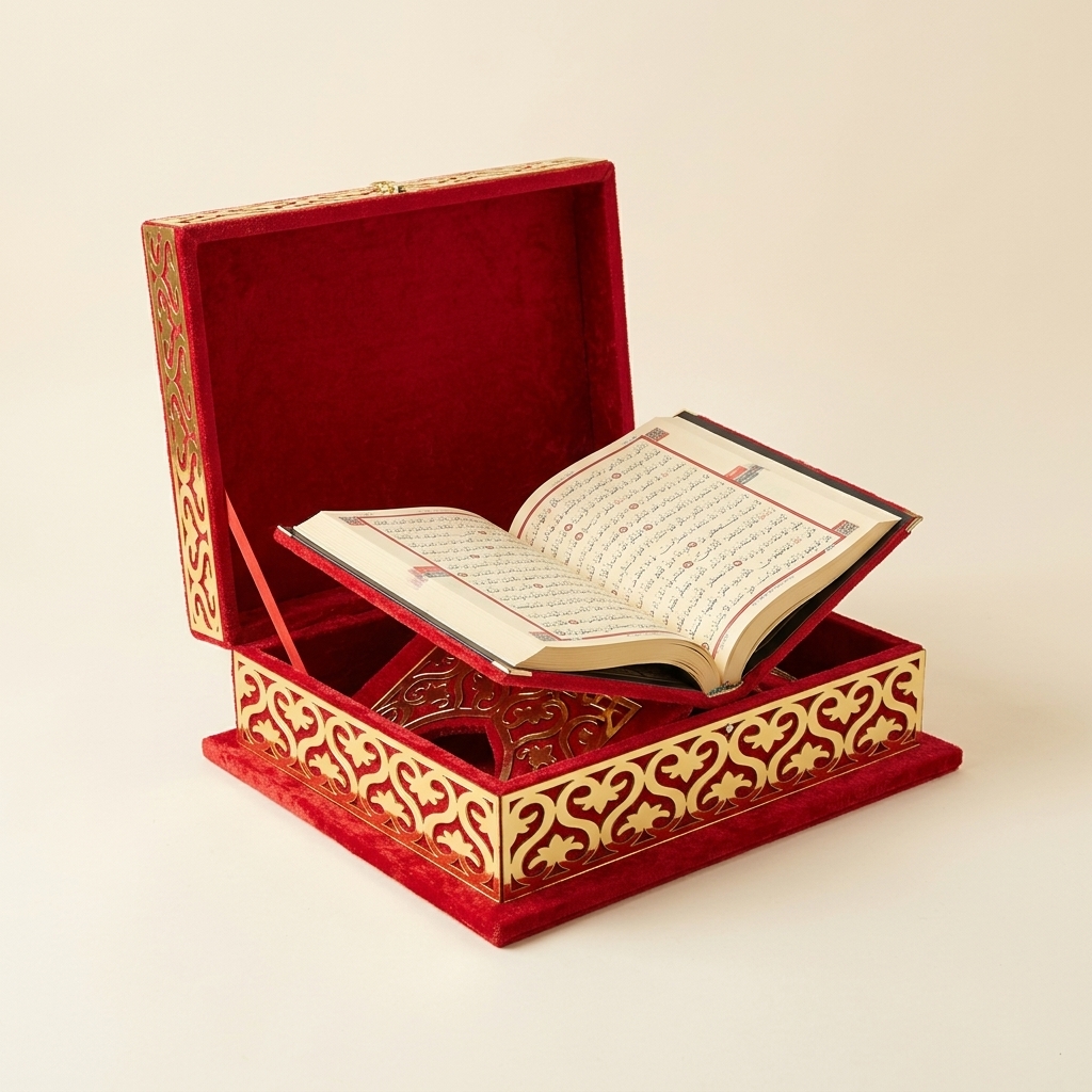 Coffret Boîte à Coran en Velours Rouge avec Pupitre de Lecture